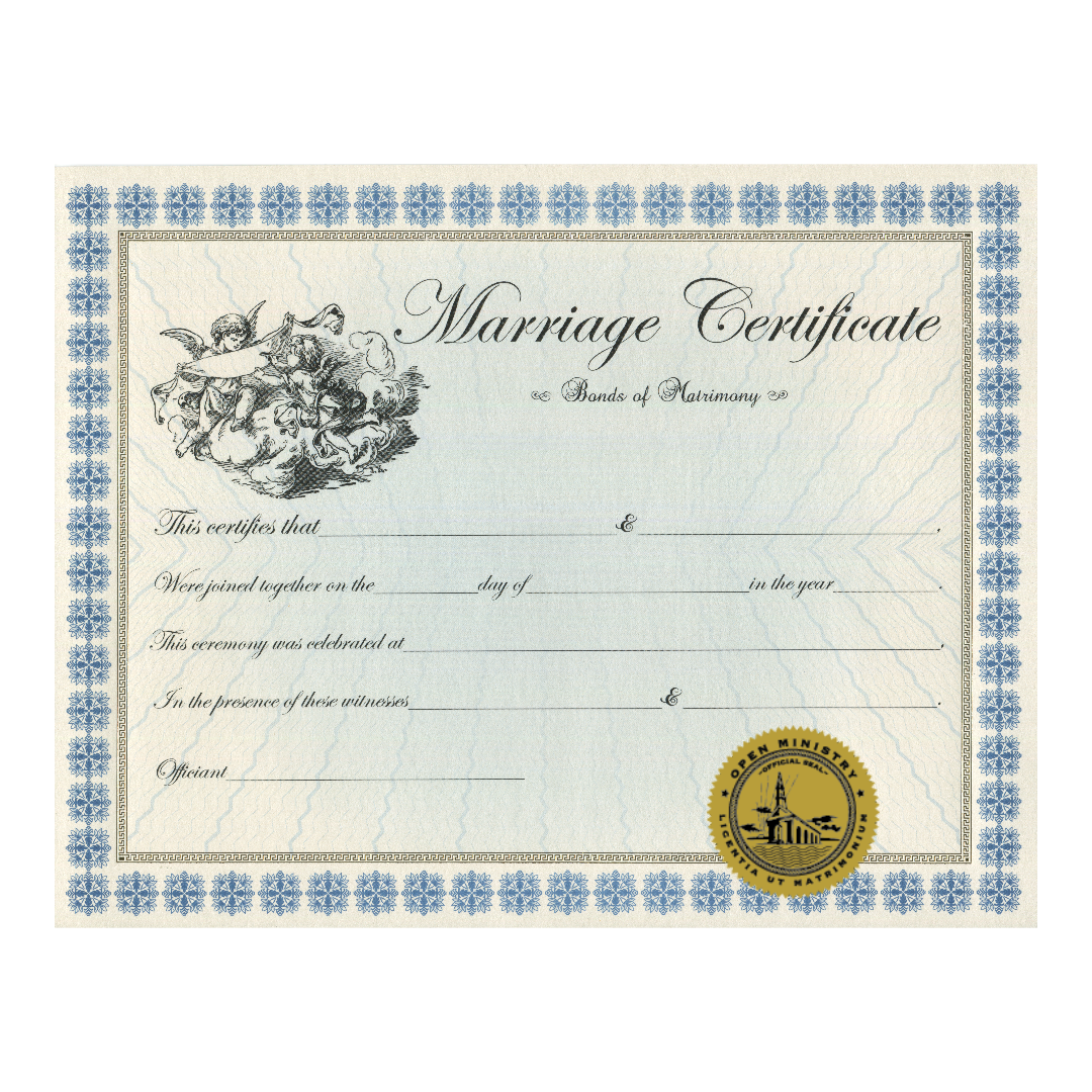 Open Ministry keepsake marriage certificate with decorative border and seal on a white background