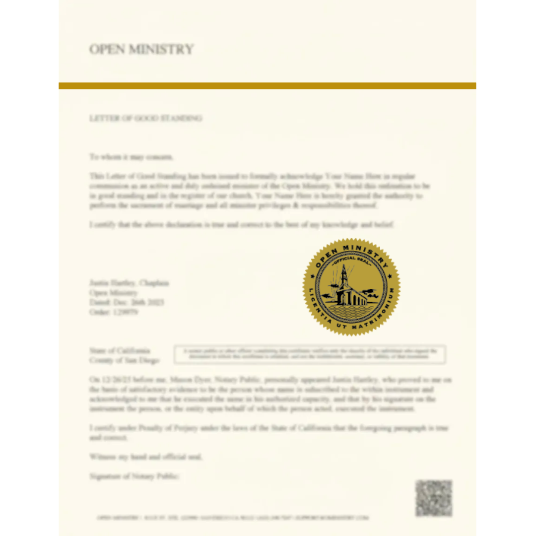Letter of Good Standing from Open Ministry with a gold seal on a white background