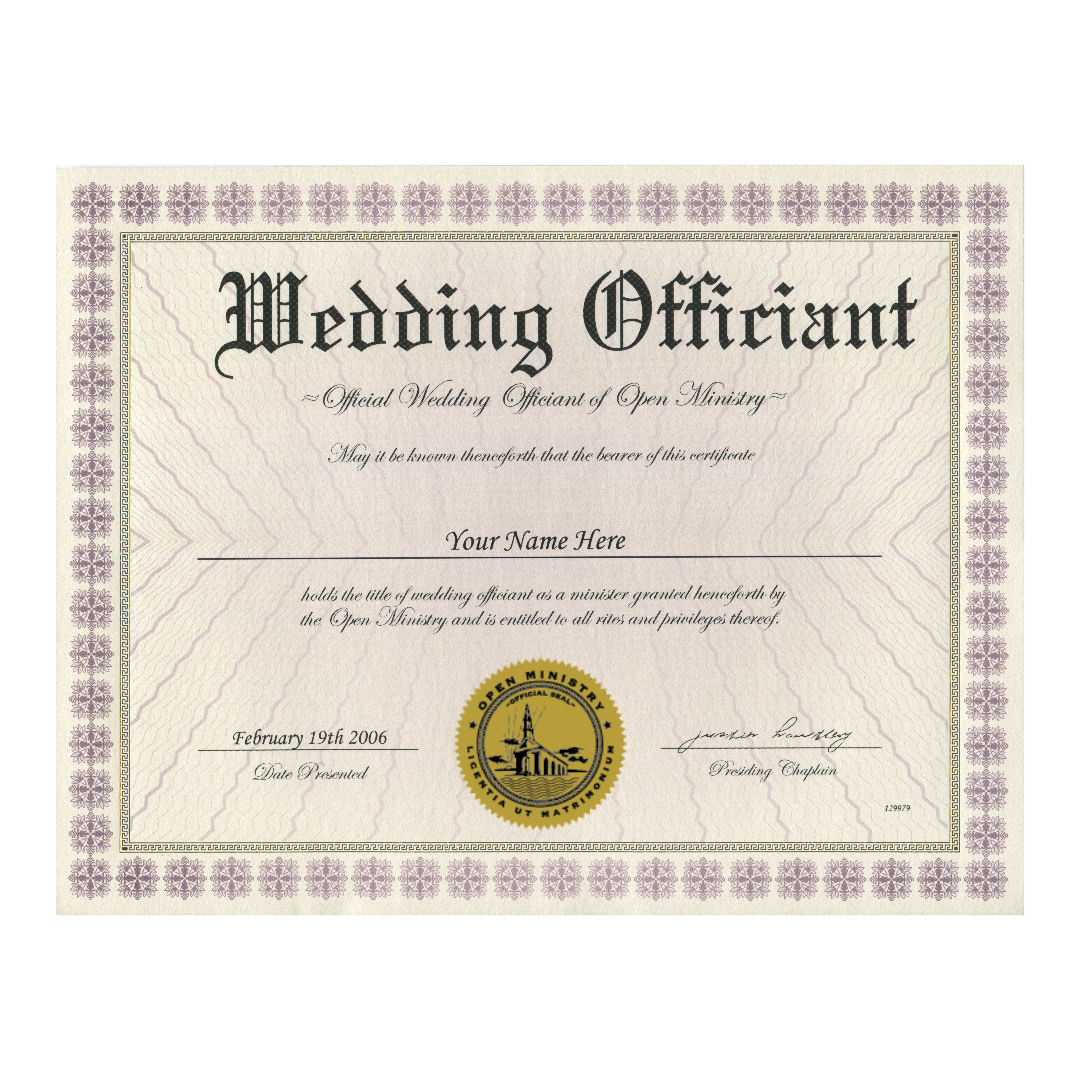 Open Ministry certificate for a wedding officiant with decorative border and emblem.
