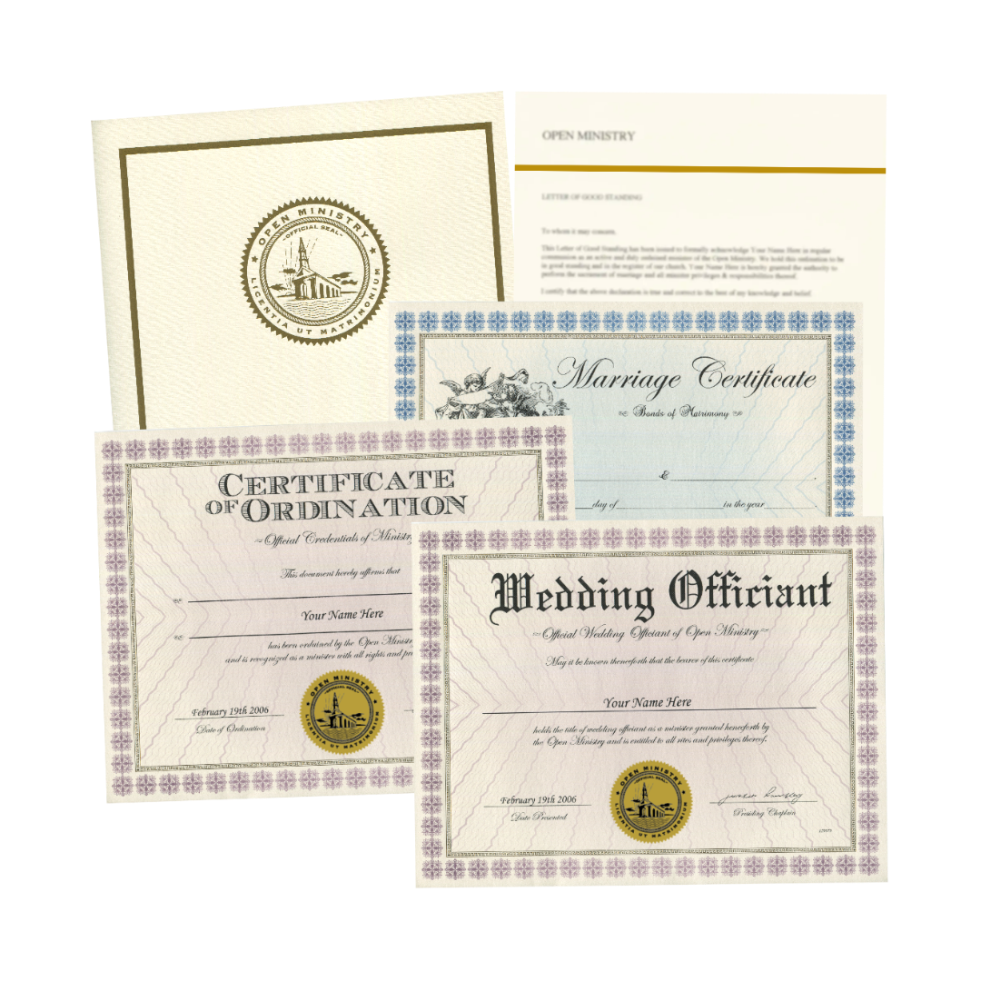 Open Ministry collection of a marriage certificate, certificate of ordination, and wedding officiant documents on a white background.