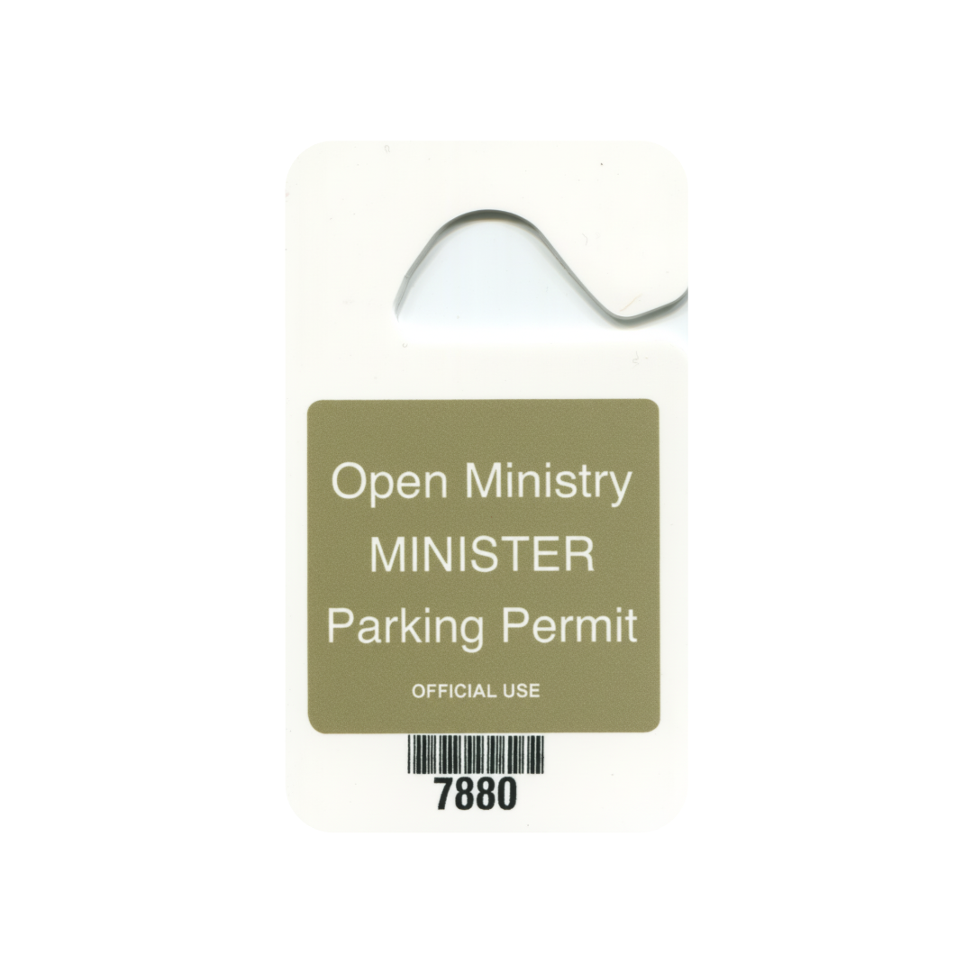 Parking permit card for 'Open Ministry Minister' with a gold square and white text on a white background.