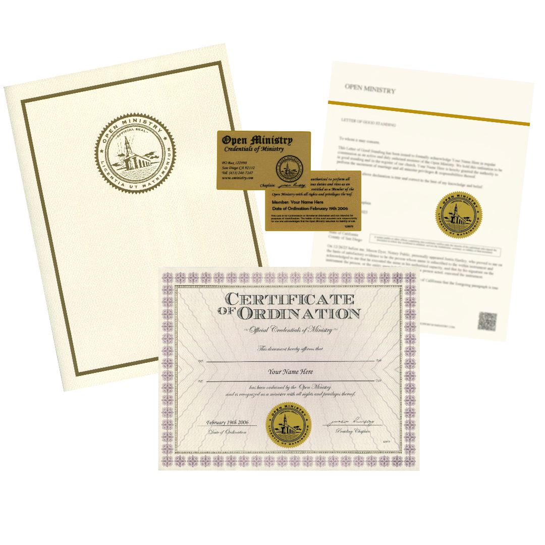 Open Ministry collection of credential certificates and documents with a visible seal on a white background