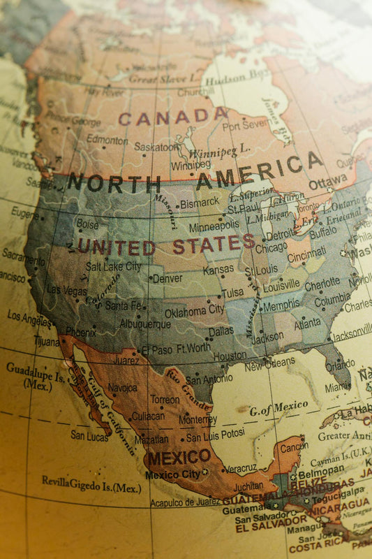 Close-up of a map of North America on a globe, focusing on the United States.