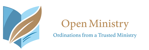Open Ministry logo with a blue and brown open book design on a white background