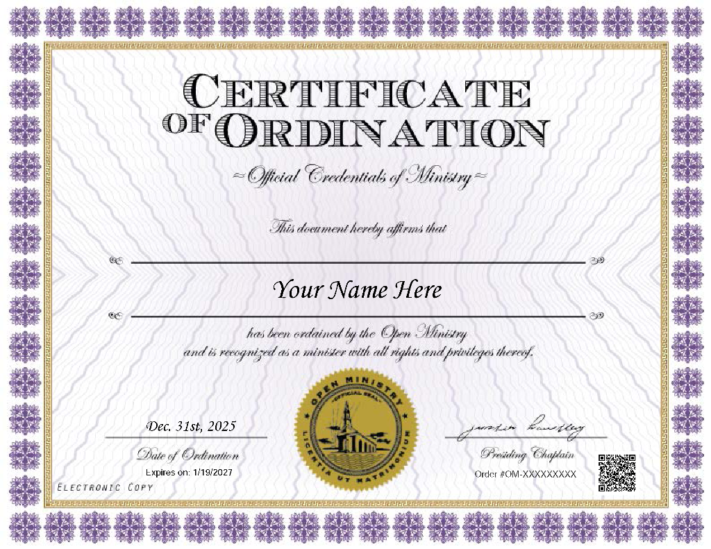 Open Ministry Digital Certificate of Ordination with decorative border and official seal.