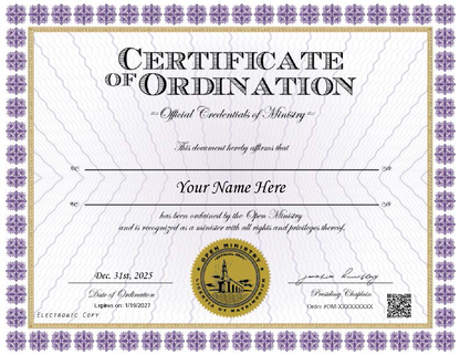 Open Ministry Digital Certificate of Ordination with decorative border and official seal.