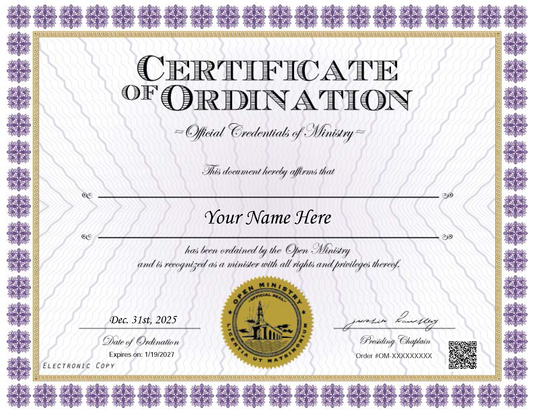 Open Ministry Digital Certificate of Ordination with decorative border and official seal.
