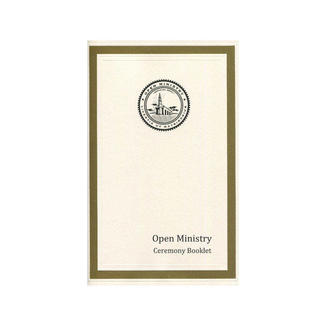 Open Ministry Ceremony Booklet with a logo on a white background