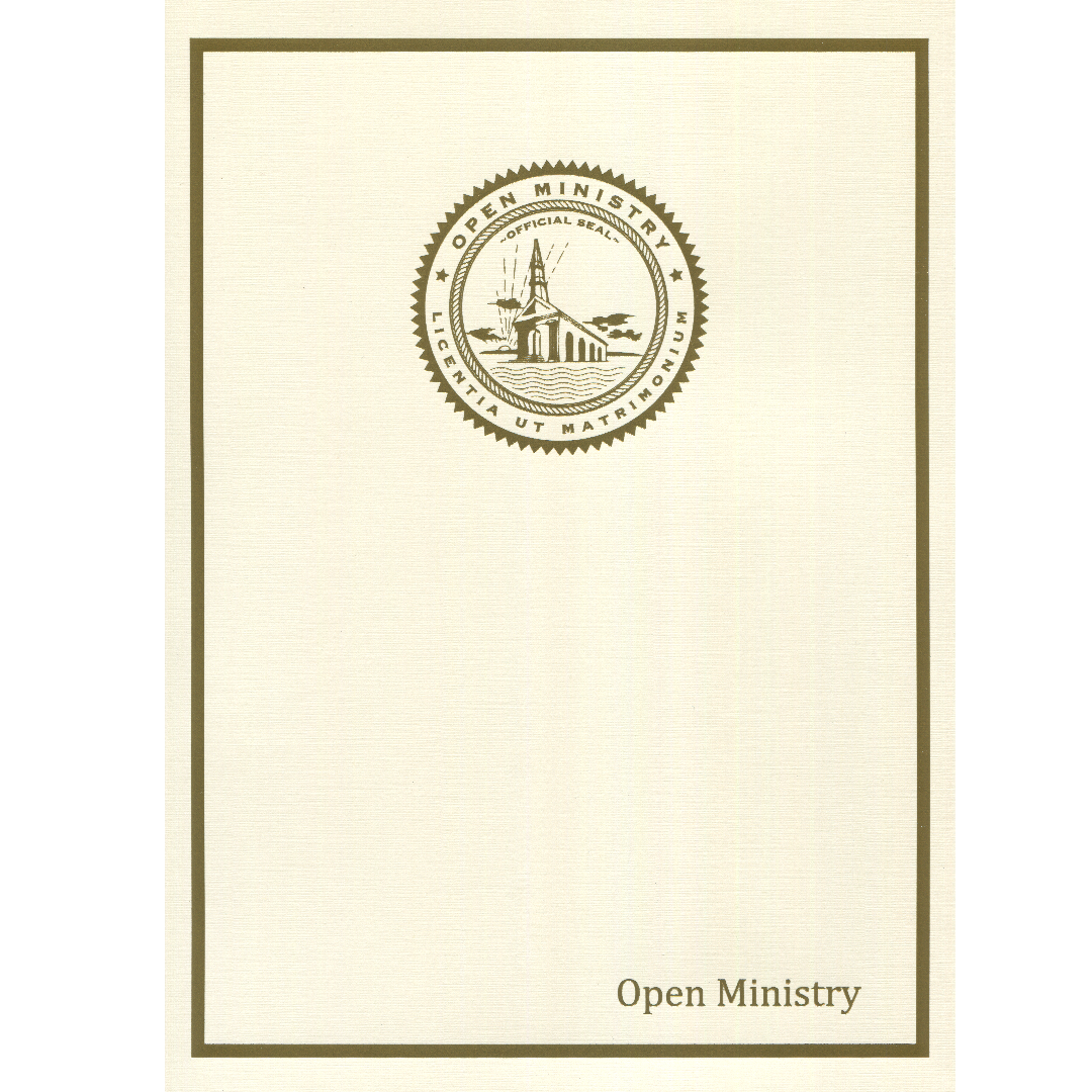 Beige folder with 'Open Ministry' logo and text on a white background