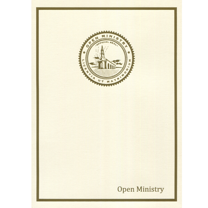 Beige folder with 'Open Ministry' logo and text on a white background