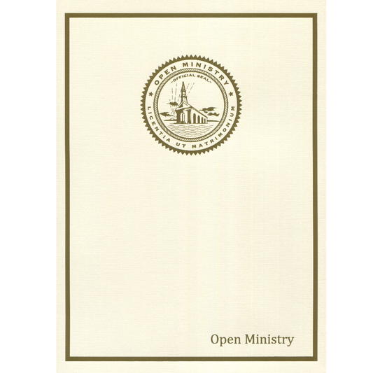 Beige folder with 'Open Ministry' logo and text on a white background