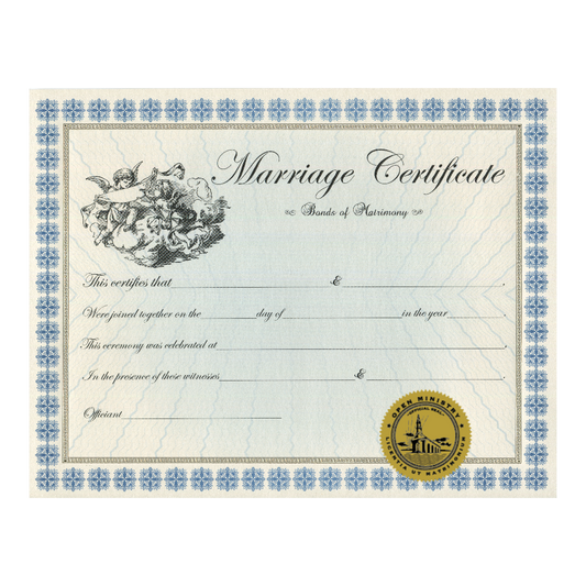 Open Ministry keepsake marriage certificate with decorative border and seal on a white background