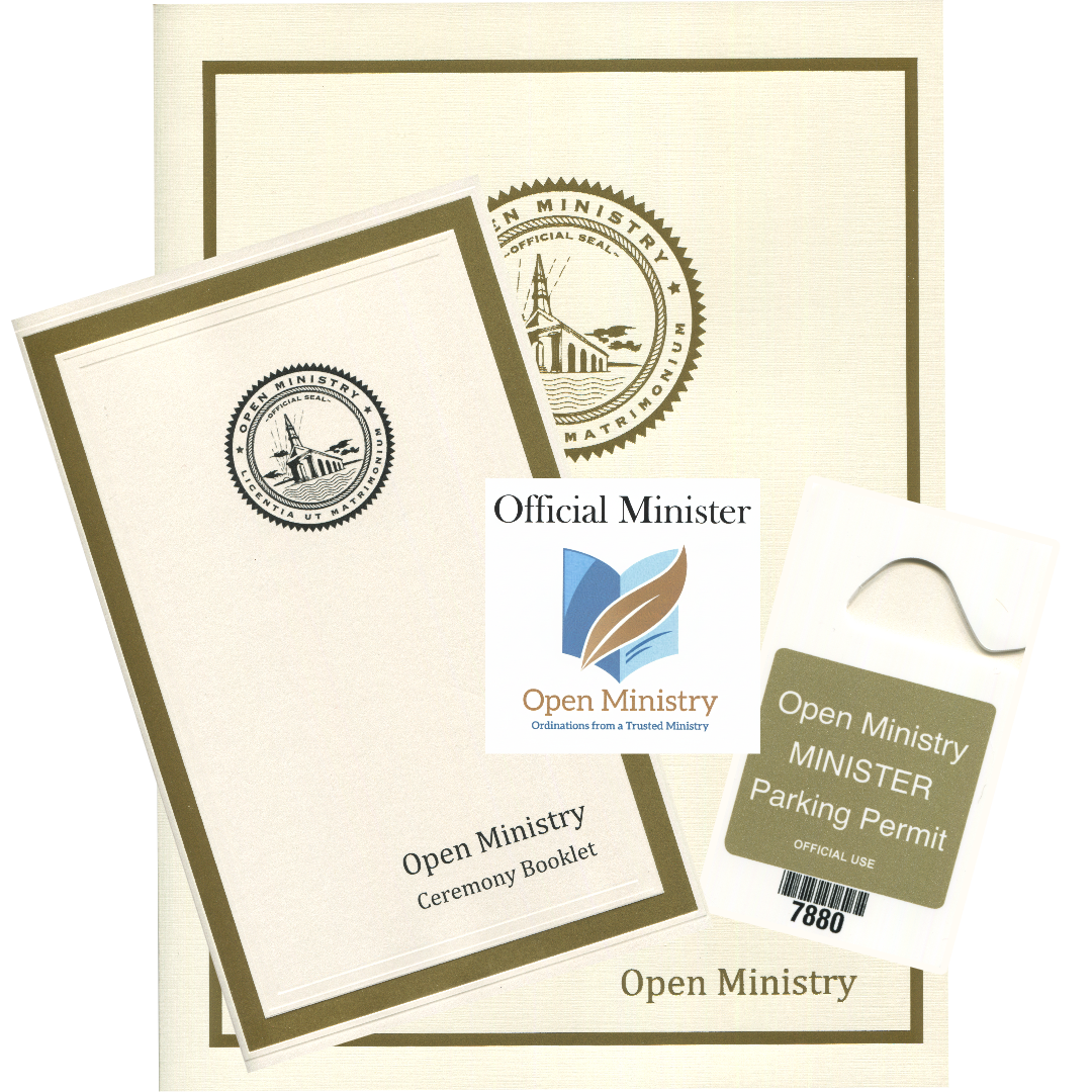 Collection of Open Ministry items including a booklet, parking permit, and stationery set on a white background.