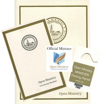 Collection of Open Ministry items including a booklet, parking permit, and stationery set on a white background.