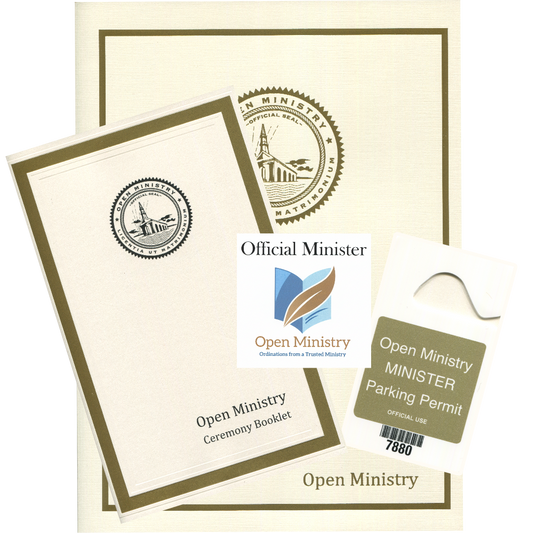 Collection of Open Ministry items including a booklet, parking permit, and stationery set on a white background.