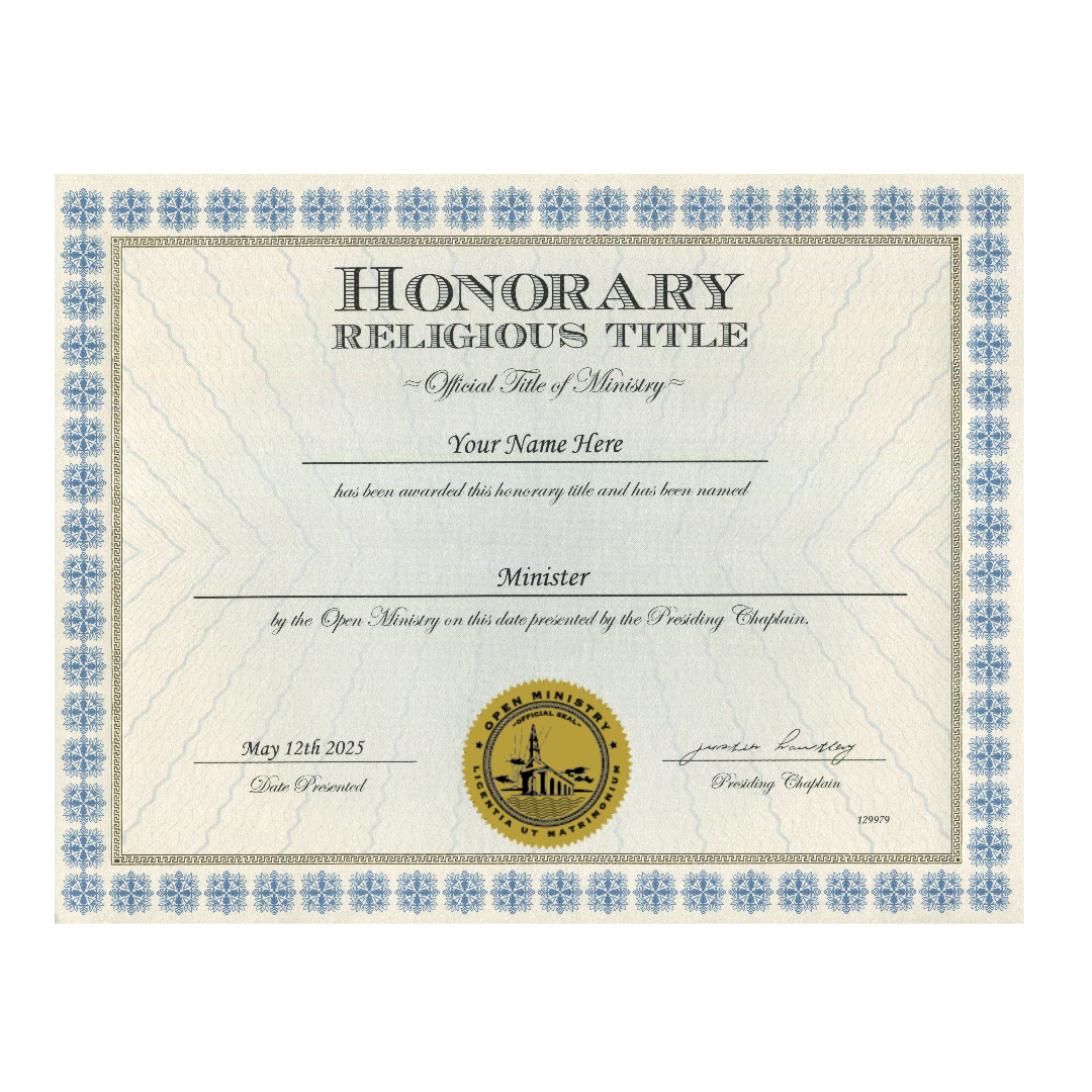 Open Ministry honorary religious title certificate with decorative border and seal
