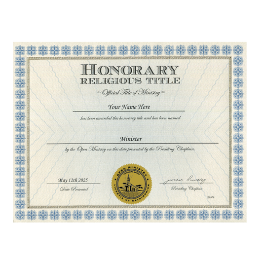 Open Ministry honorary religious title certificate with decorative border and seal