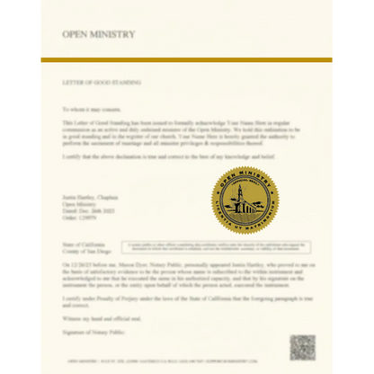 Letter of Good Standing from Open Ministry with a gold seal on a white background