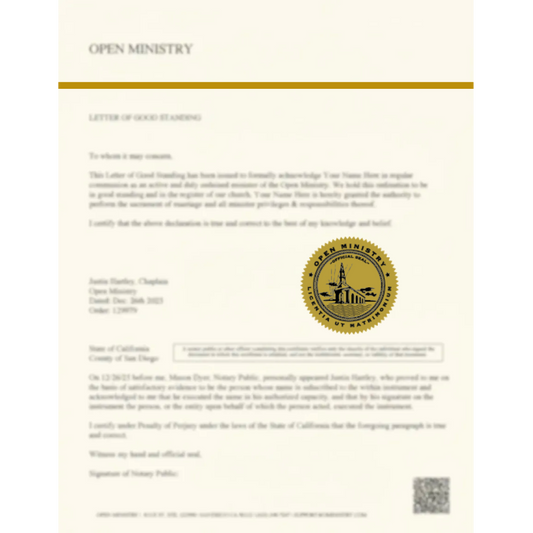 Letter of Good Standing from Open Ministry with a gold seal on a white background