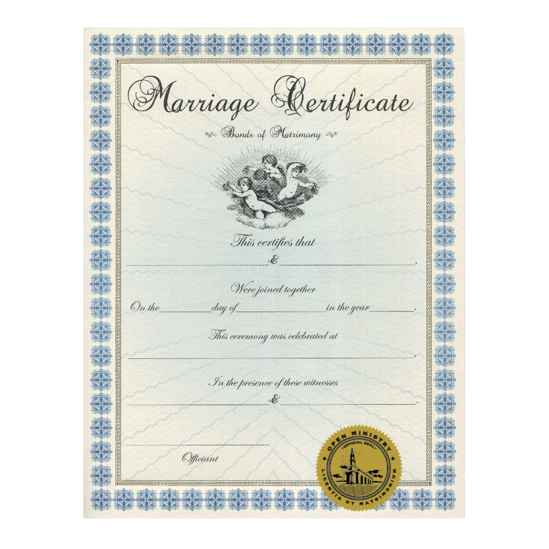 Open Ministry keepsake marriage certificate with decorative border and seal on a white background