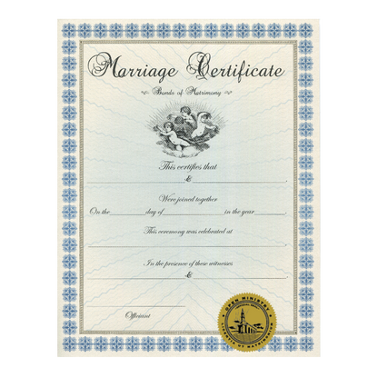 Open Ministry keepsake marriage certificate with decorative border and seal on a white background