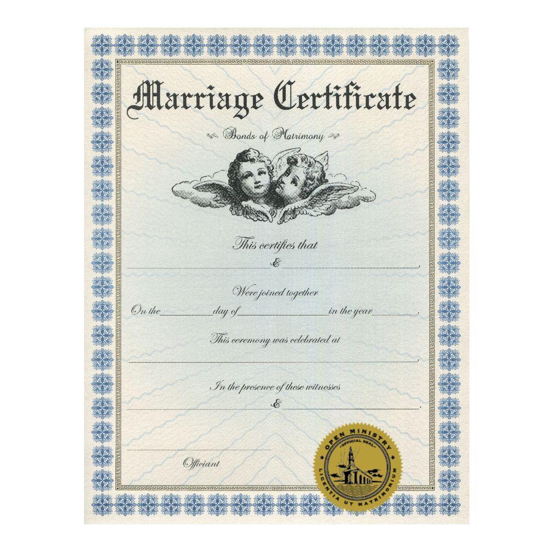 Open Ministry keepsake marriage certificate with decorative border and emblem on a white background