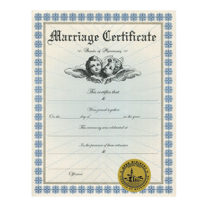 Open Ministry keepsake marriage certificate with decorative border and emblem on a white background