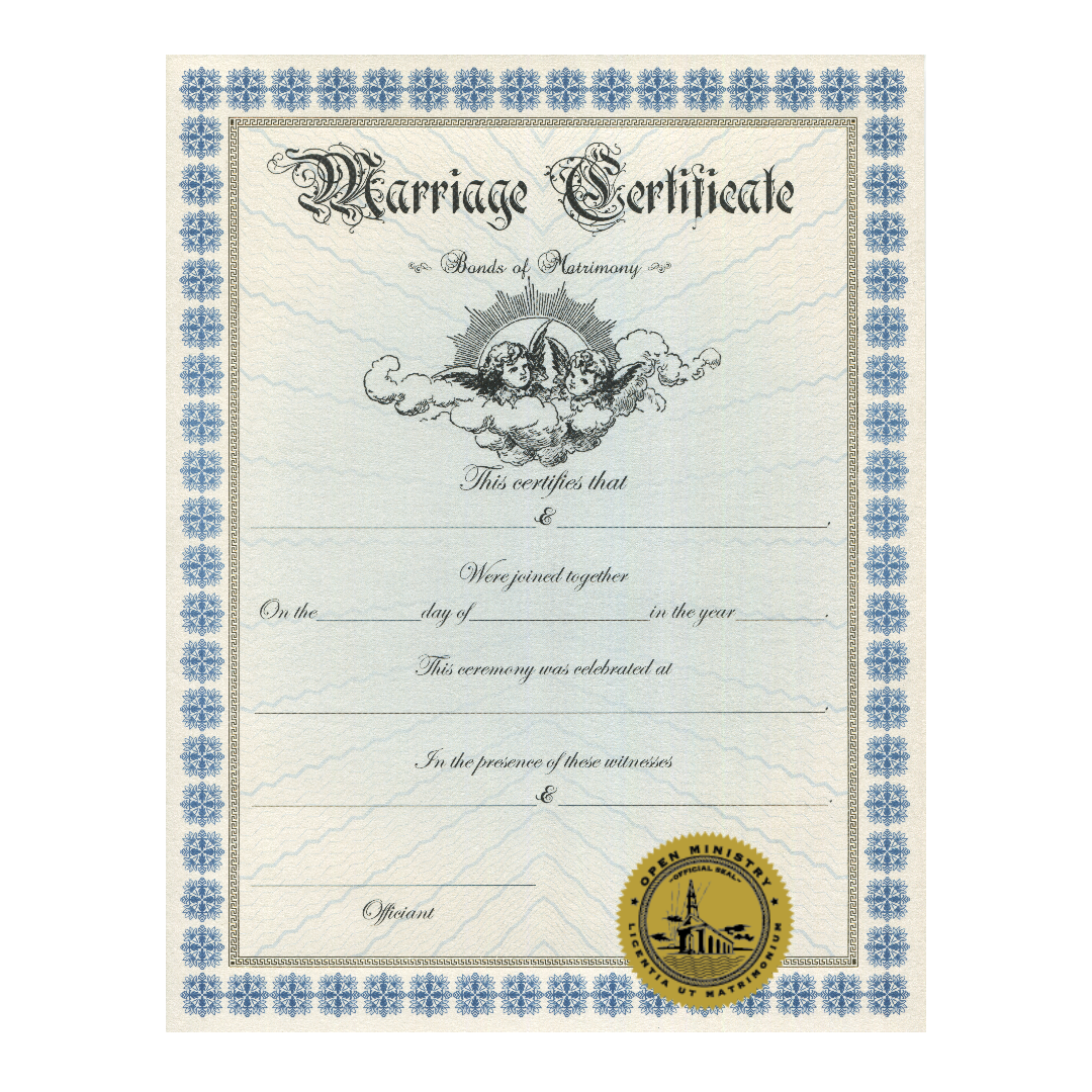 Open Ministry keepsake marriage certificate with decorative border and seal on a white background