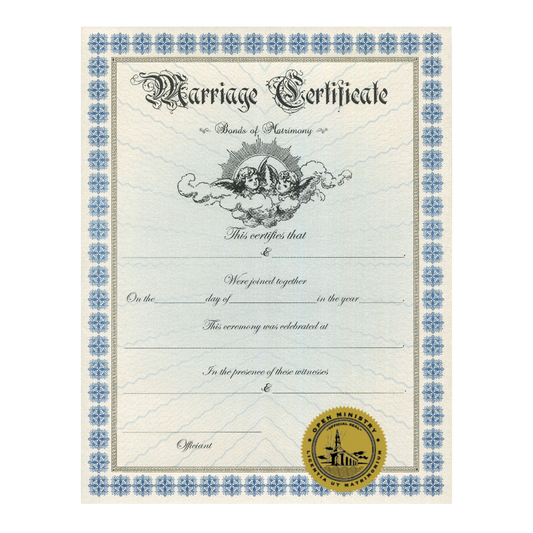Open Ministry keepsake marriage certificate with decorative border and seal on a white background