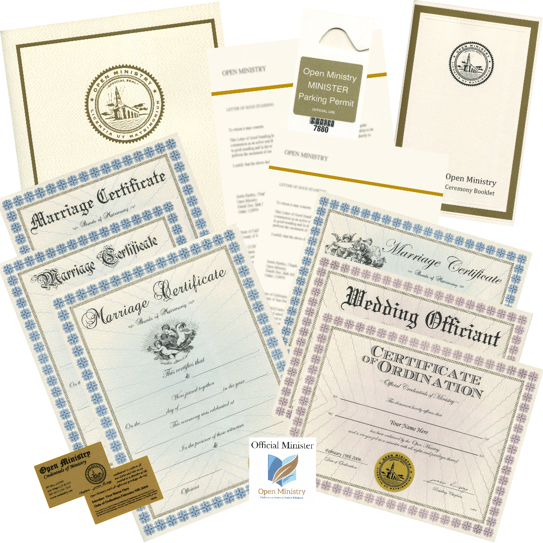 Open Ministry collection of marriage certificates and related credential documents on a white background