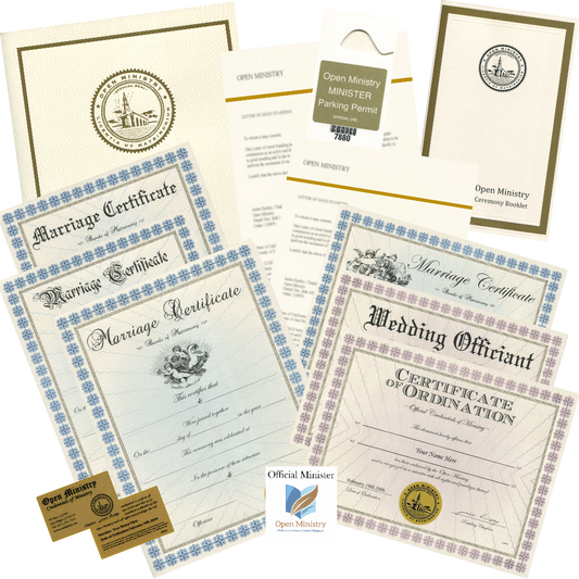 Open Ministry collection of marriage certificates and related credential documents on a white background