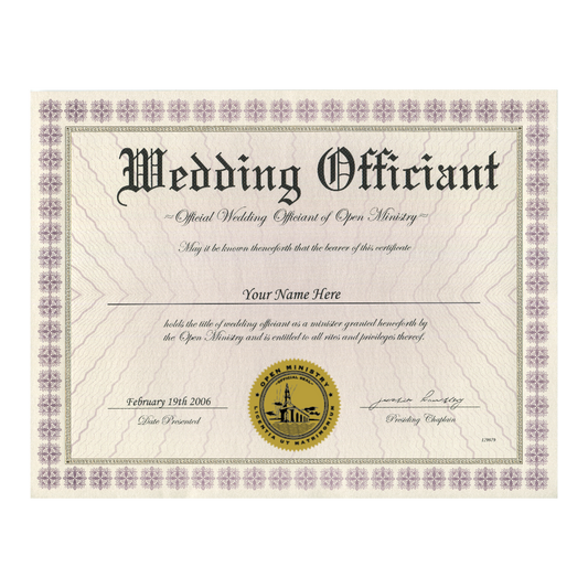 Open Ministry certificate for a wedding officiant with decorative border and emblem.