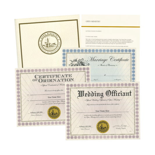 Open Ministry collection of a marriage certificate, certificate of ordination, and wedding officiant documents on a white background.