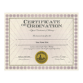 Open Ministry Certificate of Ordination with decorative border and official seal.