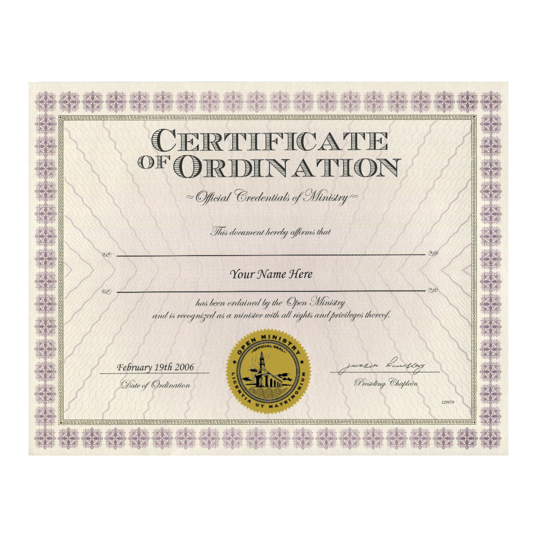 Open Ministry Certificate of Ordination with decorative border and official seal.