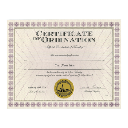 Open Ministry Certificate of Ordination with decorative border and official seal.