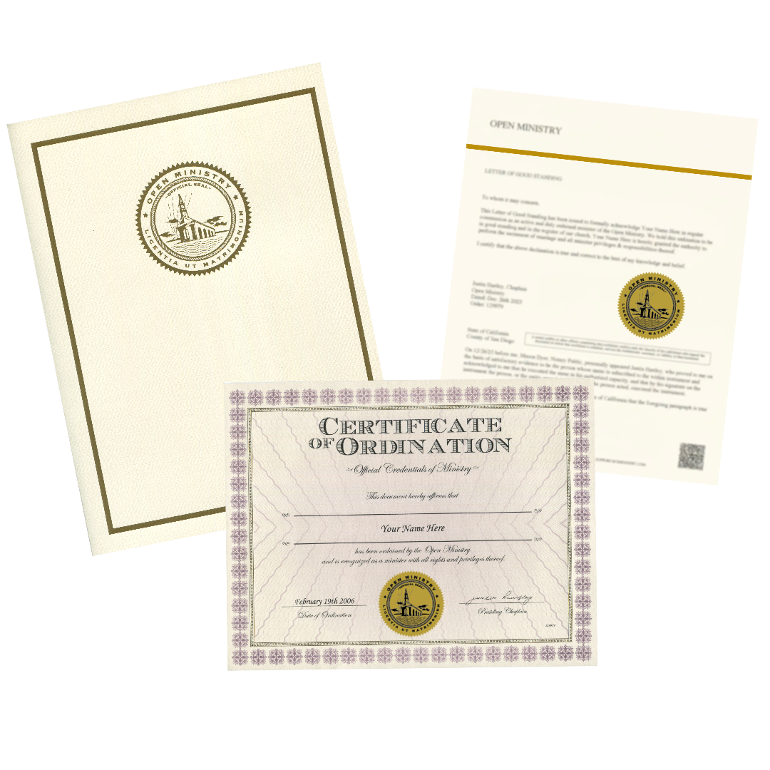Open Ministry official certificates and credential documents with a visible logo on a white background