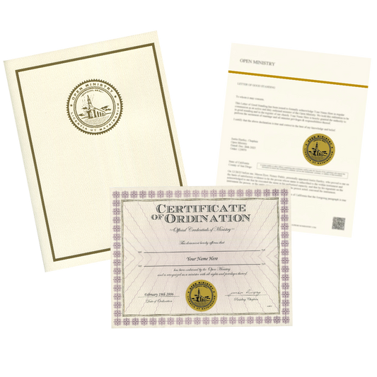 Open Ministry official certificates and credential documents with a visible logo on a white background
