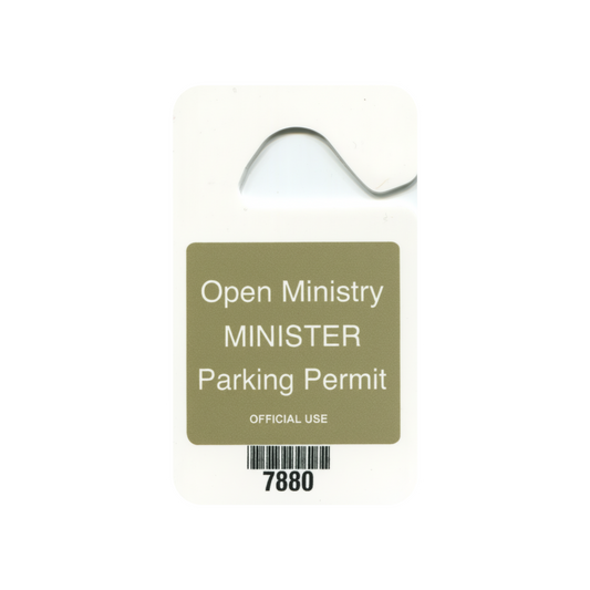 Parking permit card for 'Open Ministry Minister' with a gold square and white text on a white background.