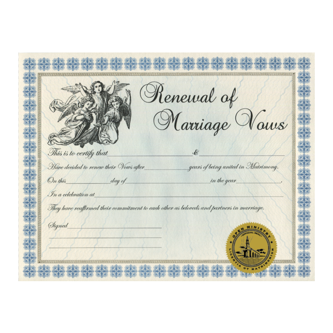 Open Ministry Renewal of Marriage Vows certificate with decorative border and seal