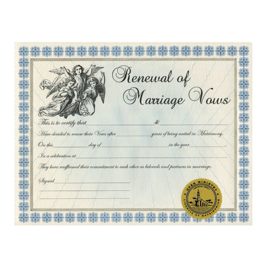 Open Ministry Renewal of Marriage Vows certificate with decorative border and seal