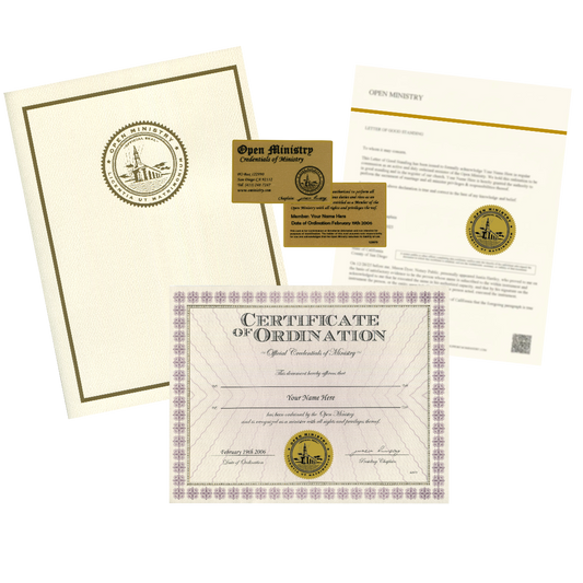 Open Ministry collection of credential certificates and documents with a visible seal on a white background