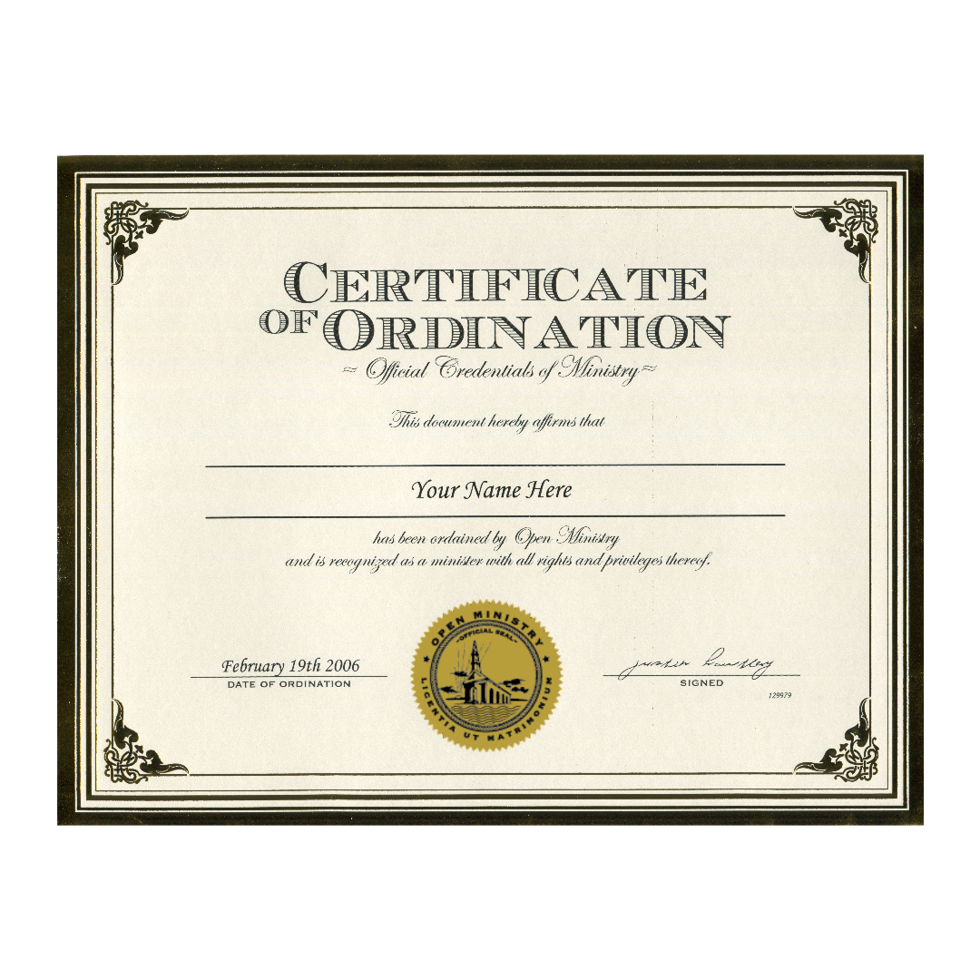 Open Ministry Certificate of Ordination with decorative frame on a white background
