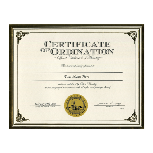 Open Ministry Certificate of Ordination with decorative frame on a white background