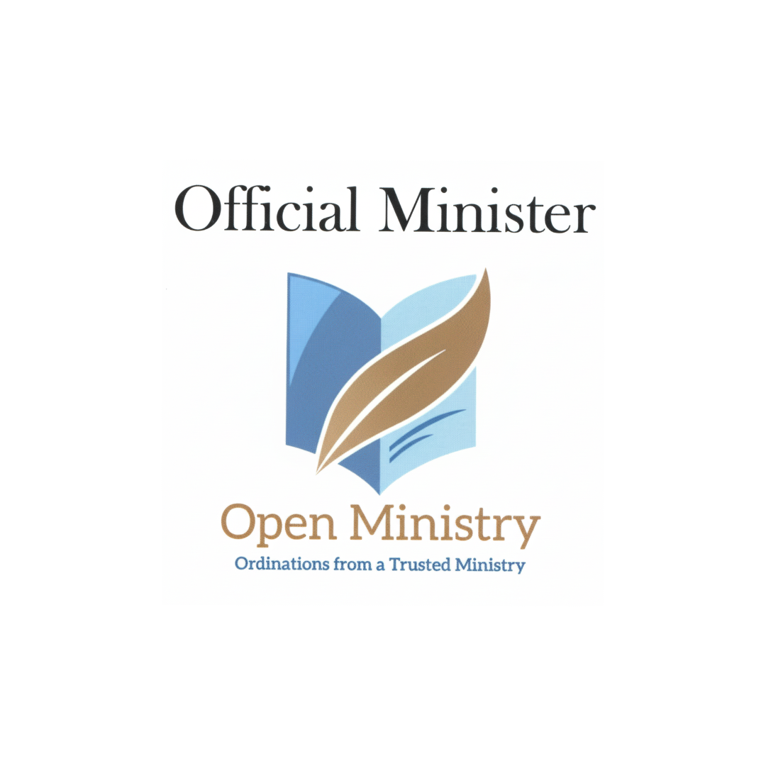Open Ministry vinyl sticker with a blue and brown logo design on a white background.