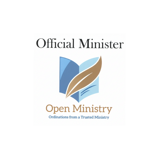 Open Ministry vinyl sticker with a blue and brown logo design on a white background.