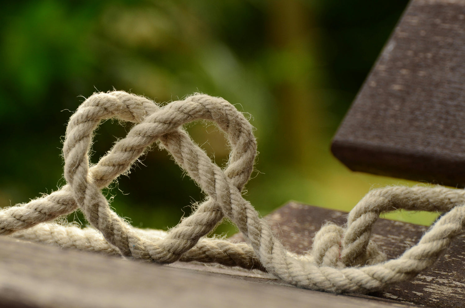 Close-up of a rope tied in a knot on a wooden surface with a blurred natural background